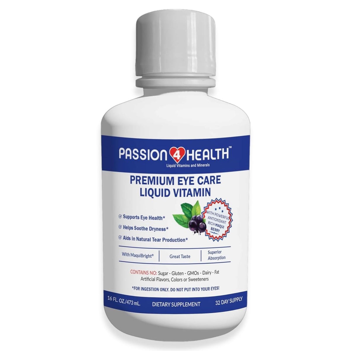 Passion 4 Health liquid eye vitamin bottle pour for easy daily dosing.
