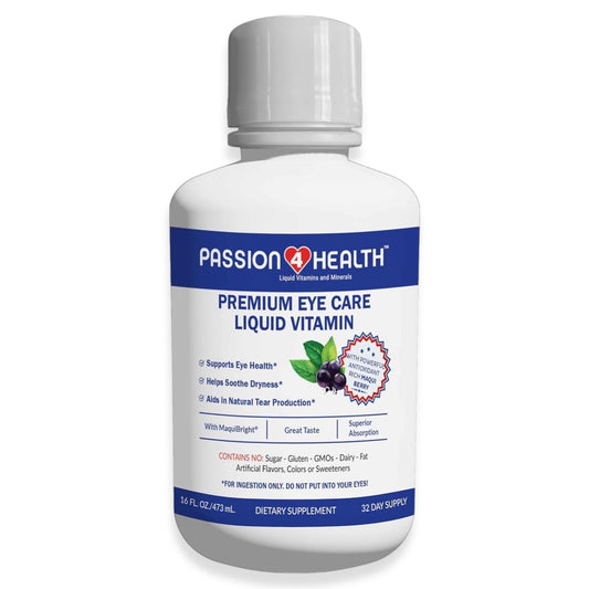 Passion 4 Health liquid eye vitamin bottle pour for easy daily dosing.