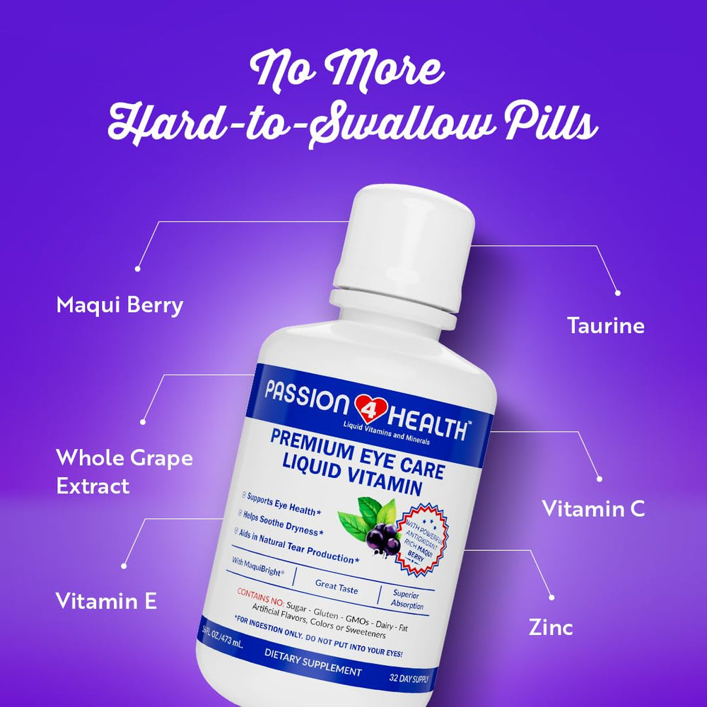 Passion 4 Health liquid eye vitamins glass sip suggests tasty, convenient intake.