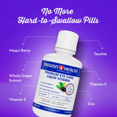 Passion 4 Health liquid eye vitamins glass sip suggests tasty, convenient intake.
