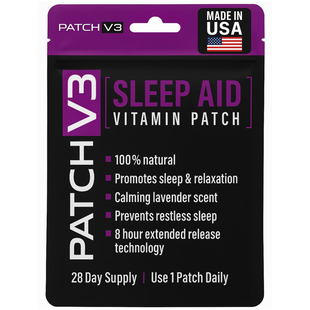 Patch V3 Melatonin Sleep Patch pack view for overnight use, gentle release supports restful nights.