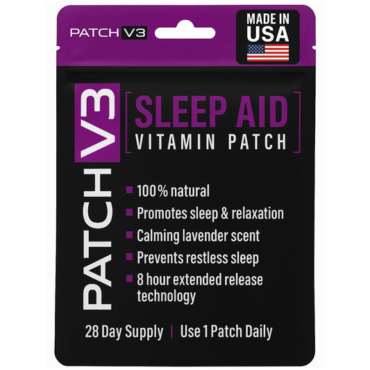 Patch V3 Melatonin Sleep Patch pack view for overnight use, gentle release supports restful nights.