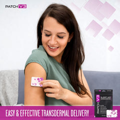 Patch V3 product shot highlighting vegan, drug-free sleep support ingredients.