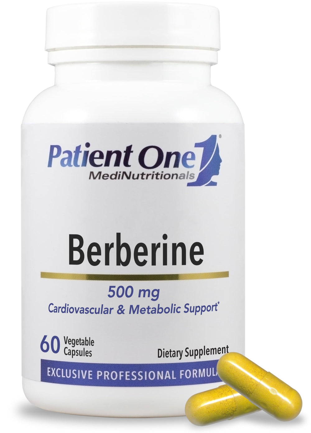 Patient One Berberine 500mg bottle label highlights heart and GI support.