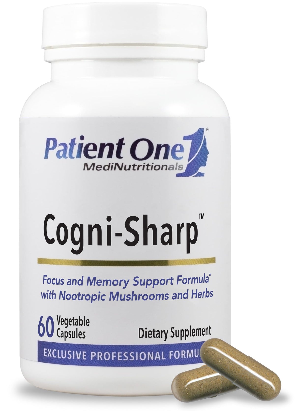 Patient One Cogni-Sharp bottle on desk suggests daily focus and mental clarity