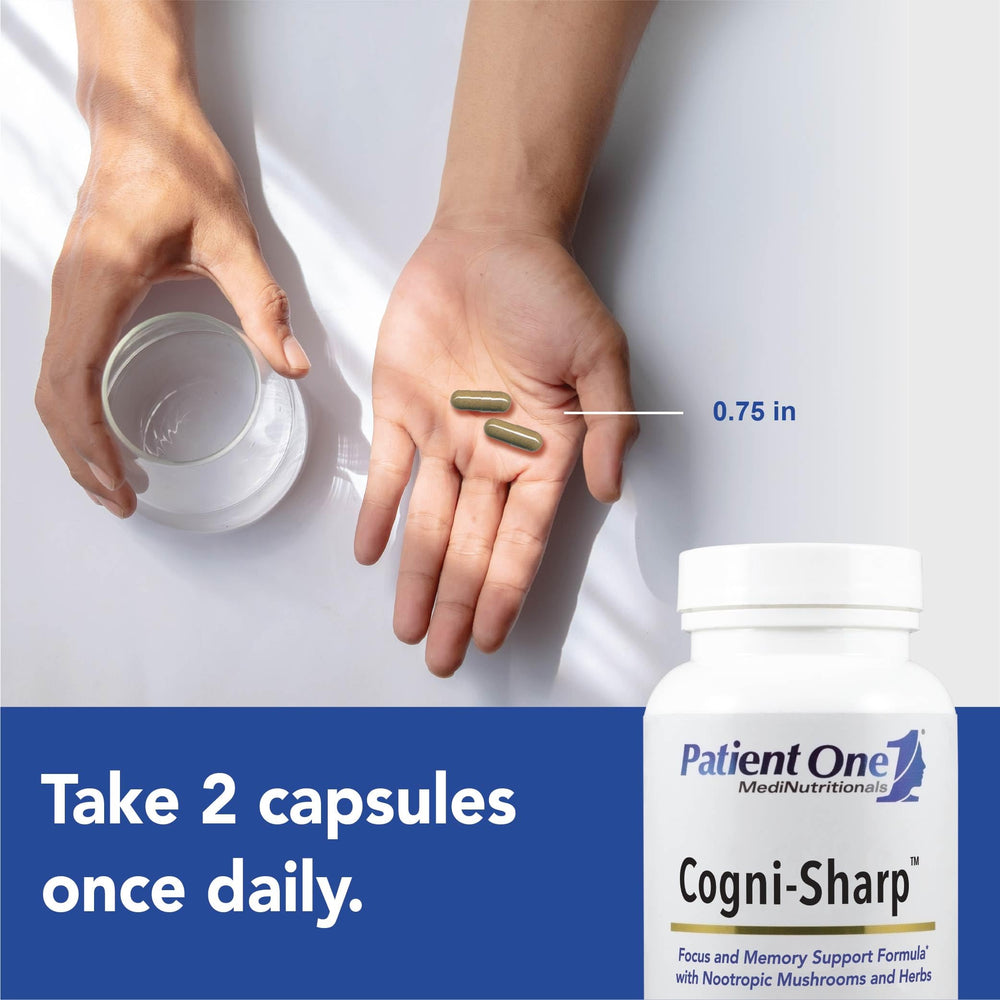 Patient One Cogni-Sharp label conveys clean, allergen-free, vegetarian formulation