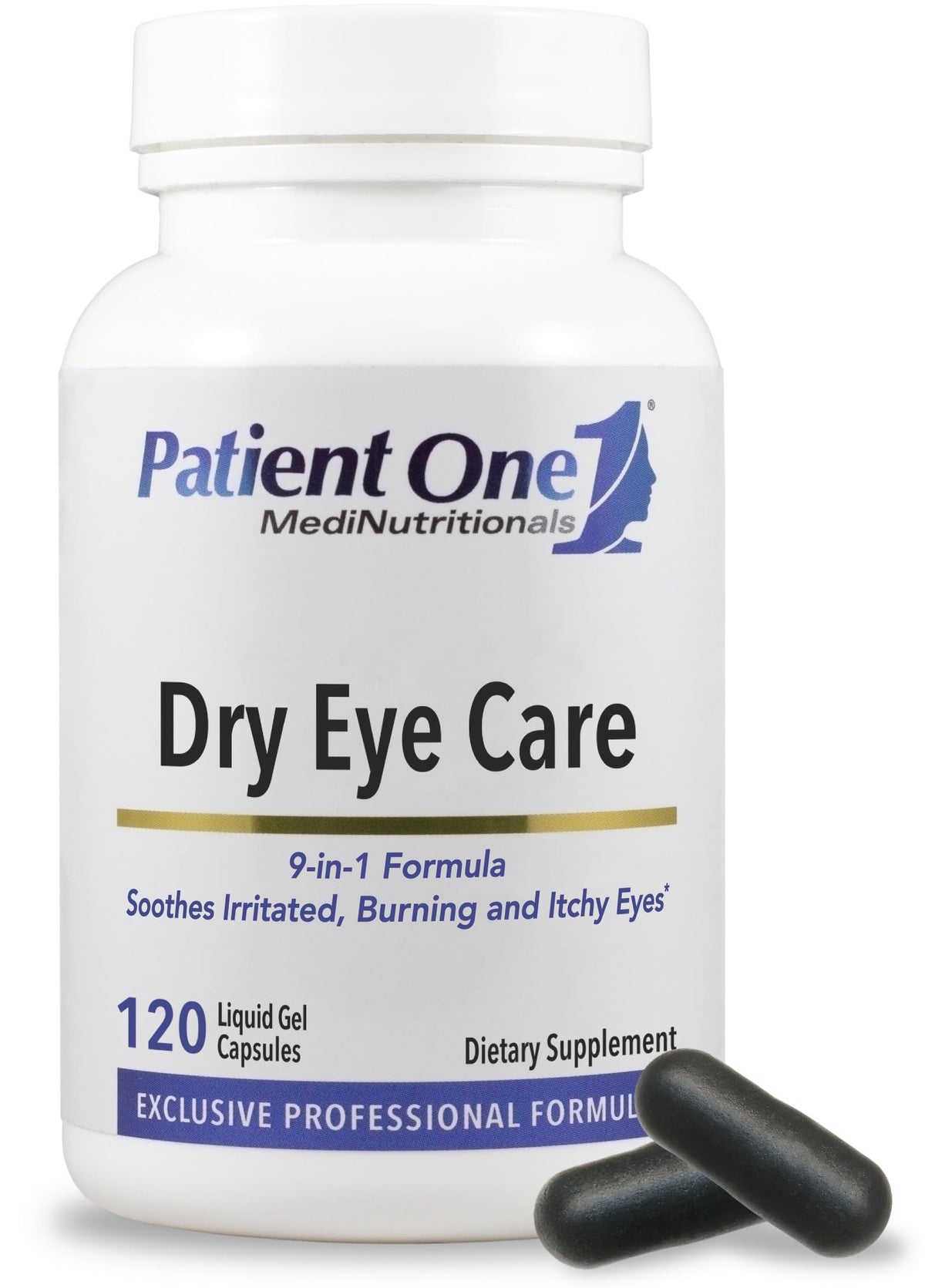 Patient One Dry Eye Care bottle with easy-to-swallow capsules for daily eye support.