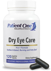 Patient One Dry Eye Care bottle with easy-to-swallow capsules for daily eye support.