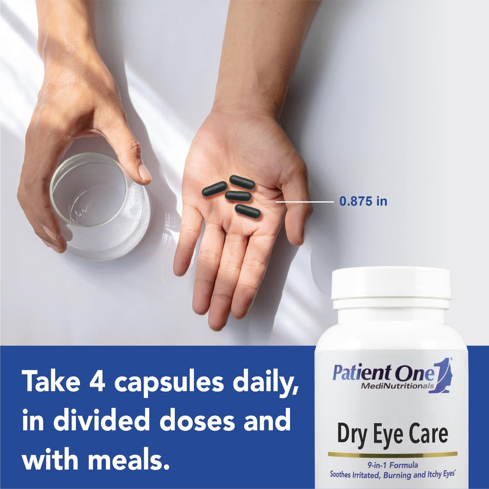 Patient One Dry Eye Care label back showing ingredients and quality standards.