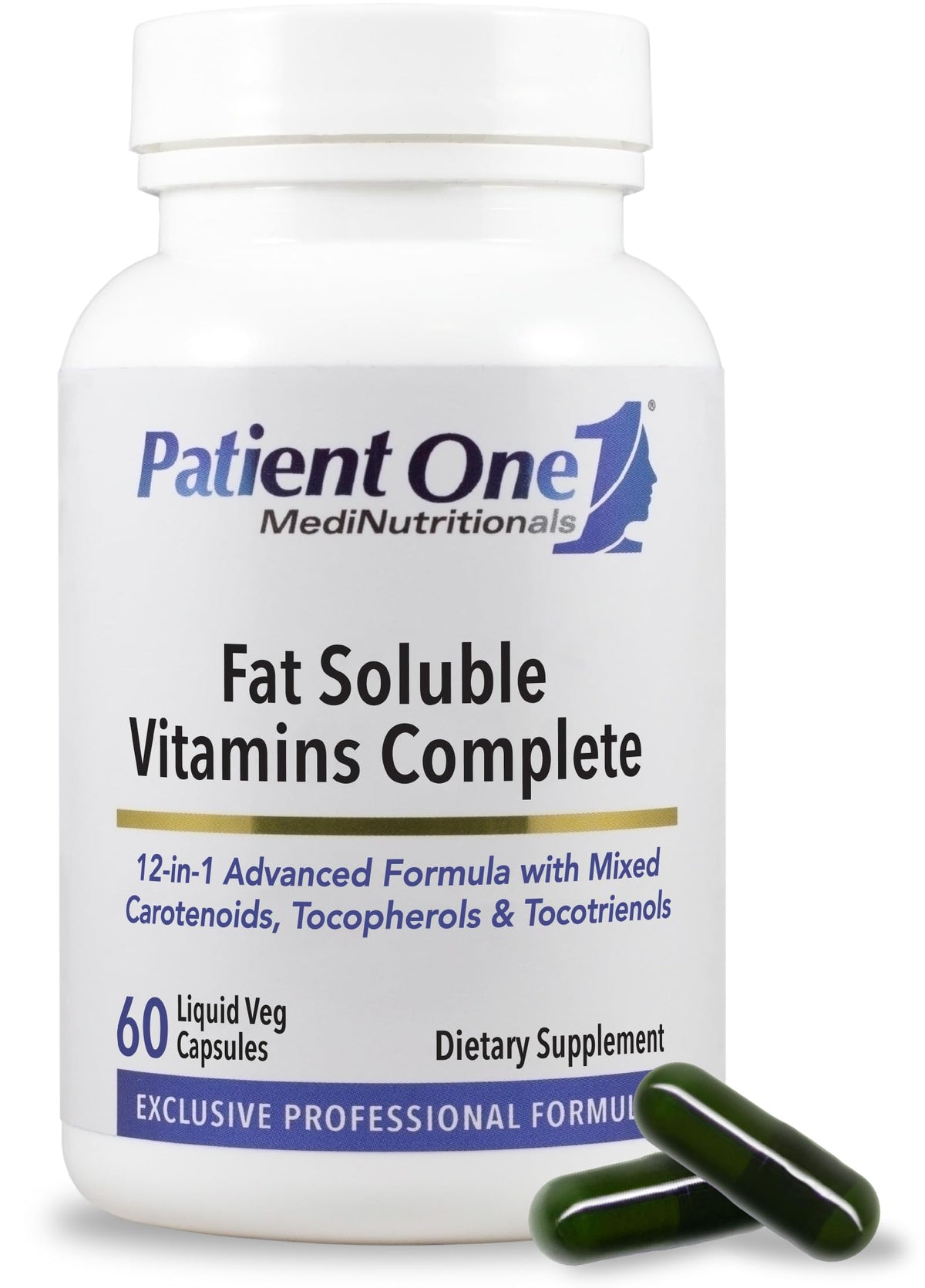 Patient One Fat Soluble Vitamins Complete bottle highlighting broad-spectrum wellness support.