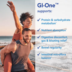 Patient One GI-One ingredients panel shows enzyme blend and probiotic base.
