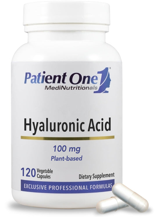 Patient One Hyaluronic Acid bottle highlighting 100mg for skin hydration and joint support
