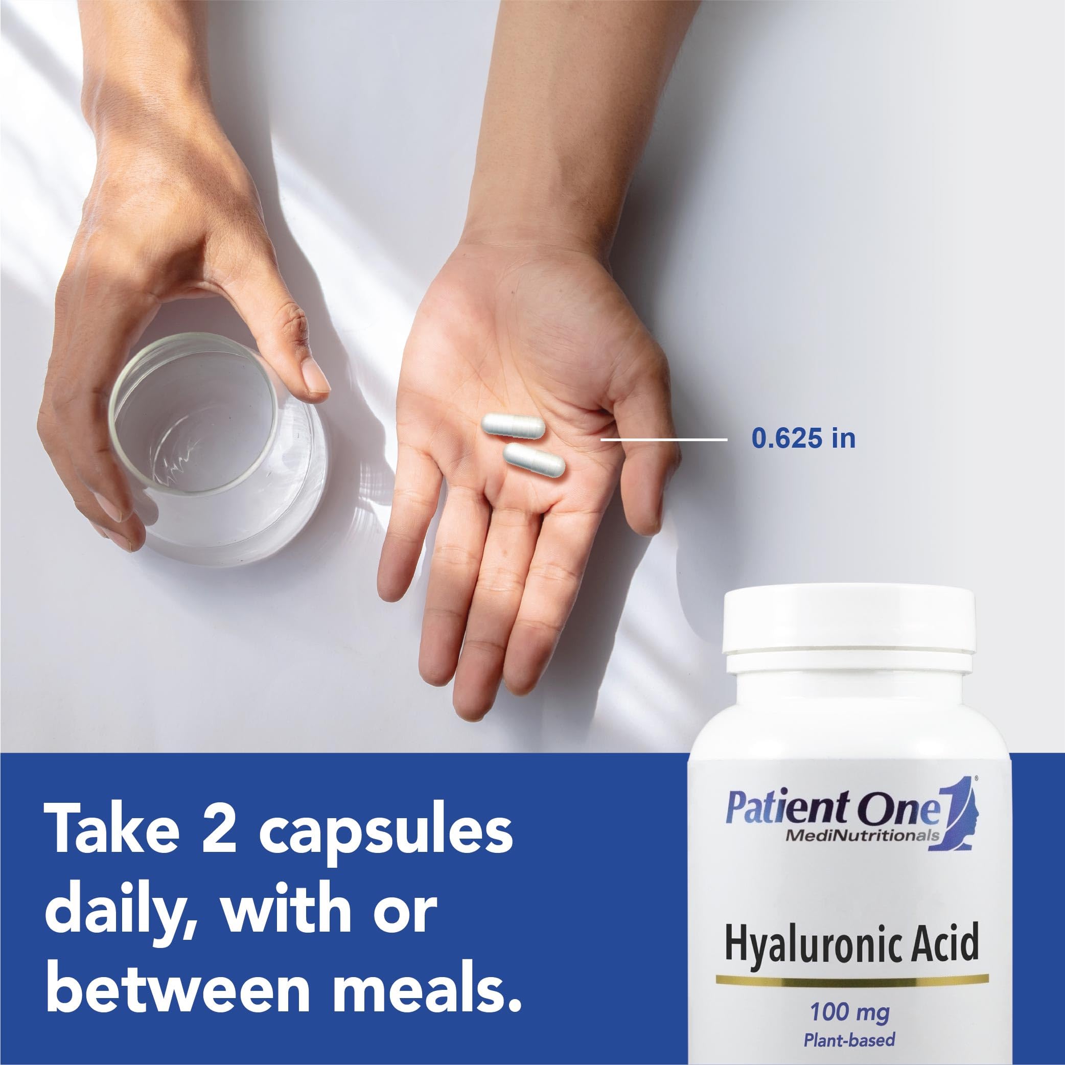 Patient One Hyaluronic Acid bottle pour illustrating easy daily supplementation