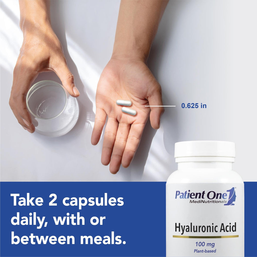 Patient One Hyaluronic Acid bottle pour illustrating easy daily supplementation