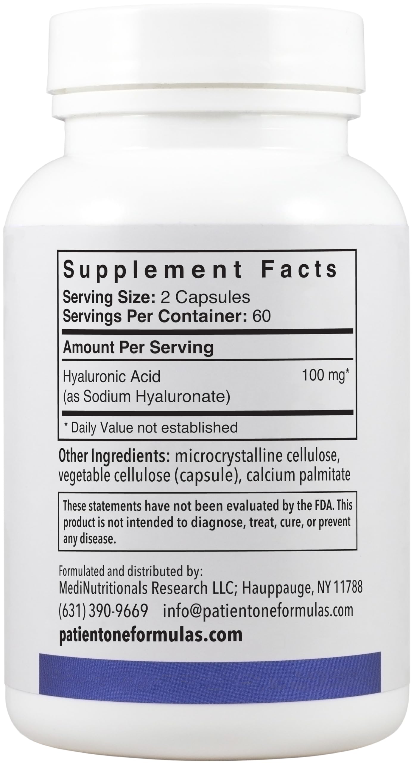 Label view highlights vegetarian formula and 100 mg hyaluronic acid