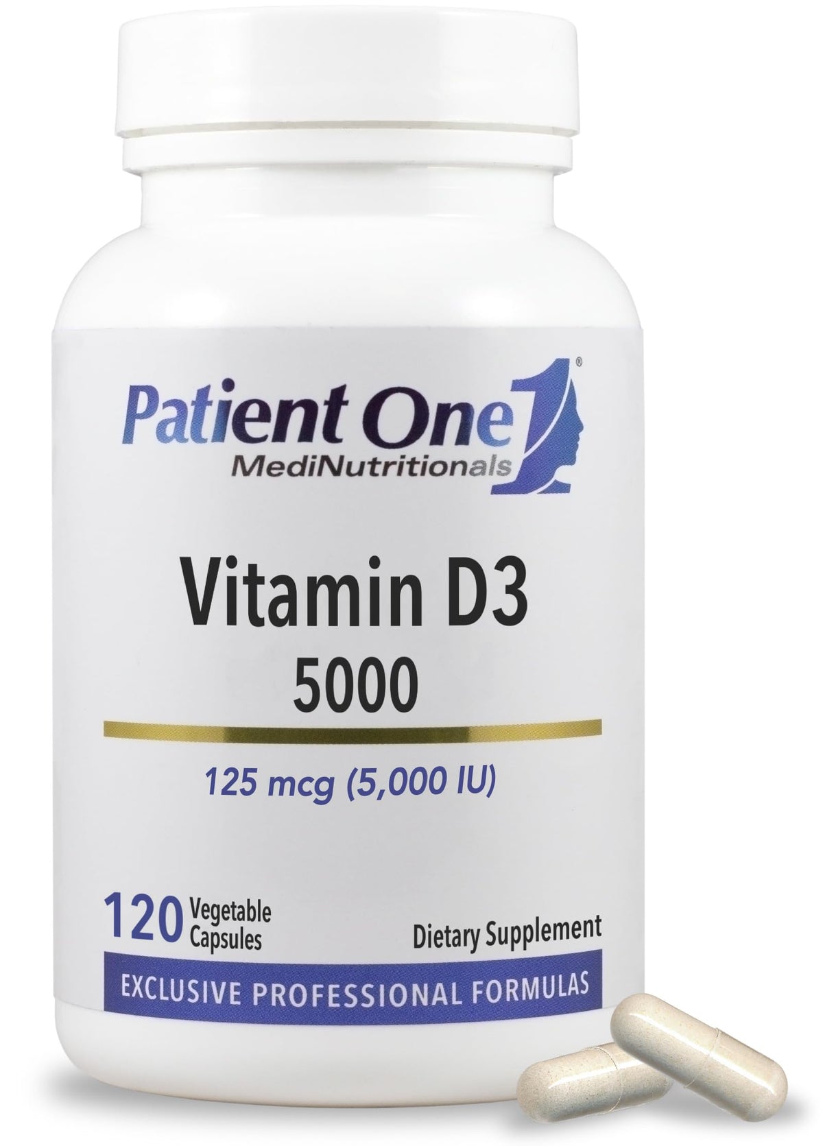Patient One Vitamin D3 bottle with label emphasizes 5,000 IU immune support