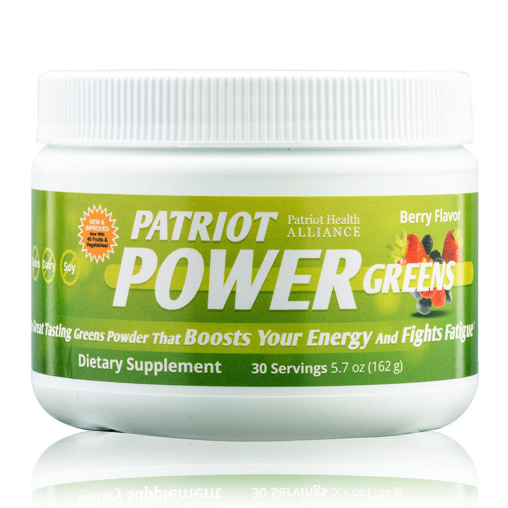 Patriot Power Greens bottle with scoop highlighting 40+ fruits for sustained energy.