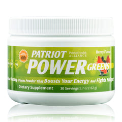 Patriot Power Greens bottle with scoop highlighting 40+ fruits for sustained energy.