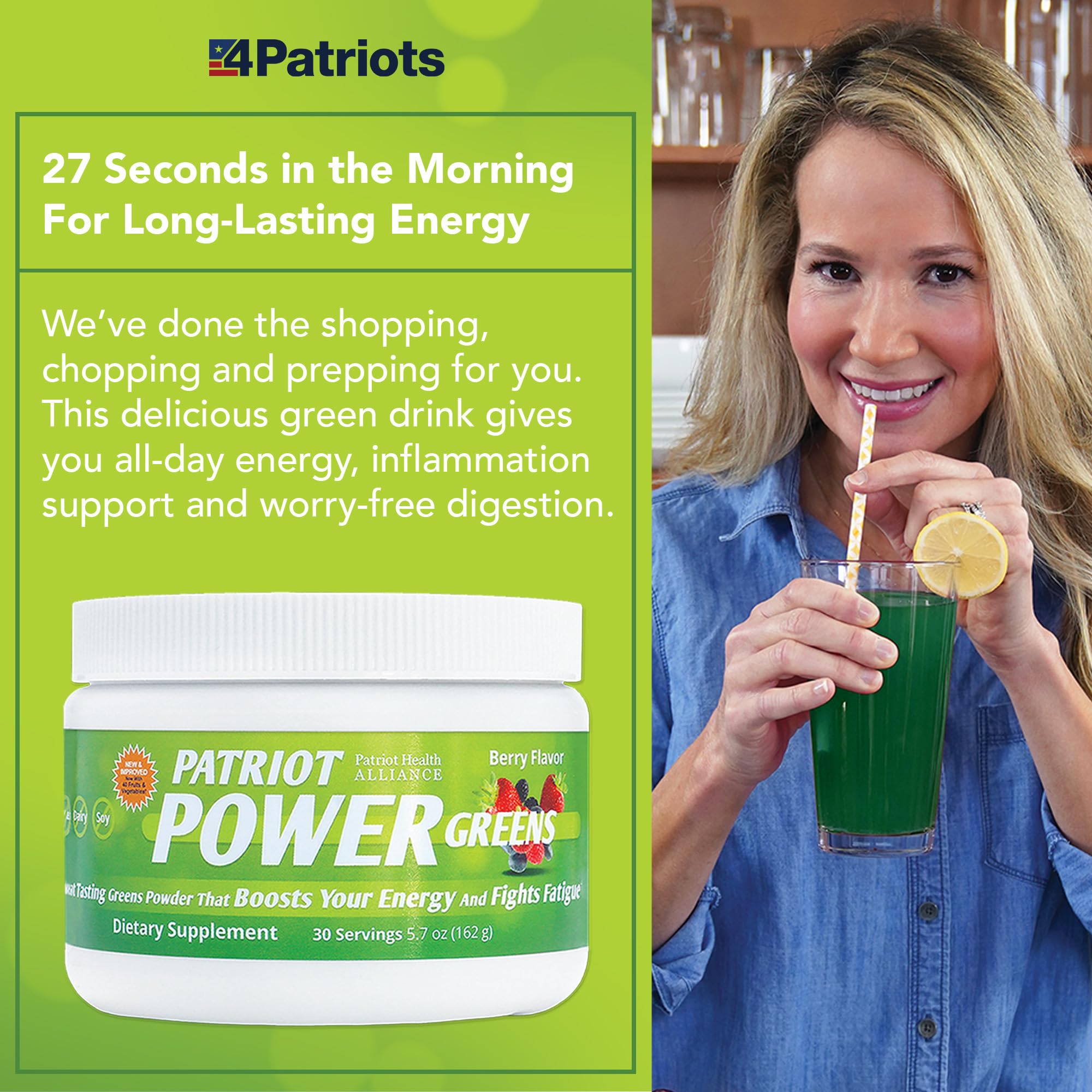 Close-up of organic kale, spinach, and parsley ingredients inside Patriot Power Greens.