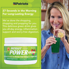 Close-up of organic kale, spinach, and parsley ingredients inside Patriot Power Greens.