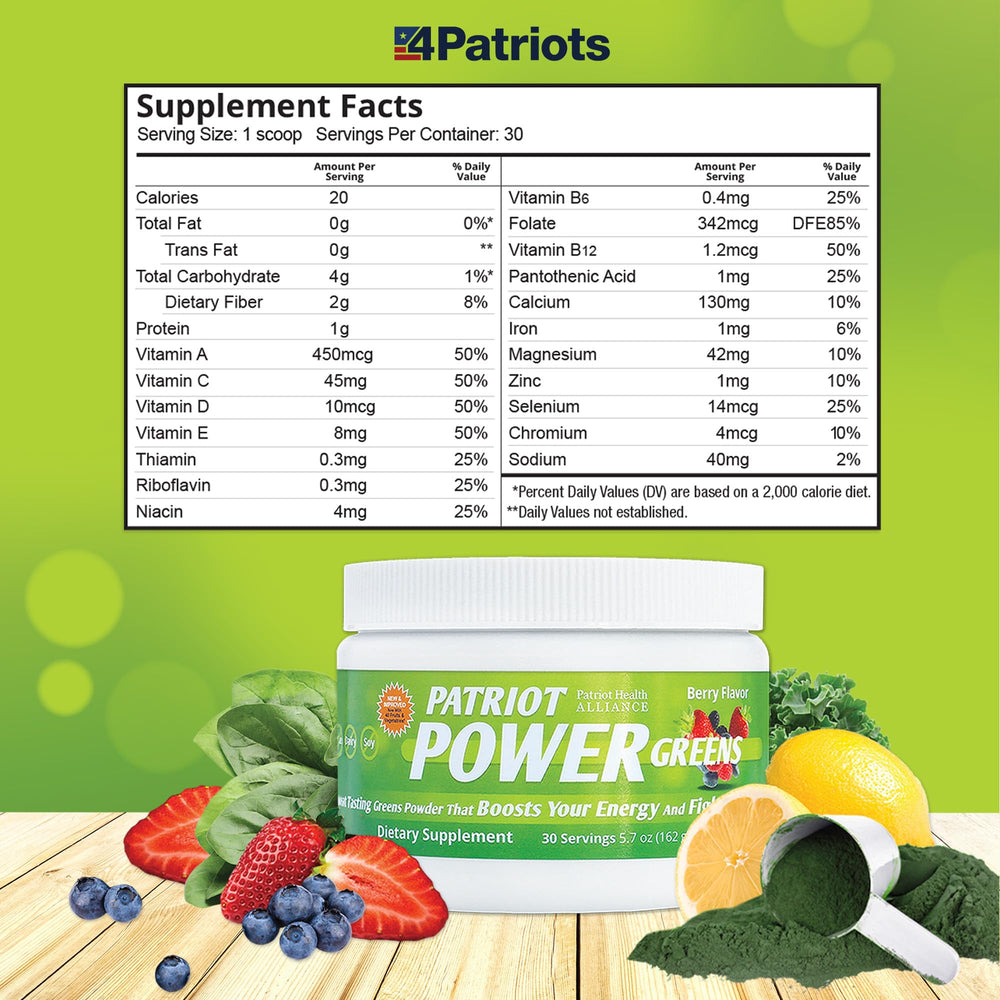 Vitamin and mineral blends on Patriot Power Greens label underline comprehensive nutrient support.