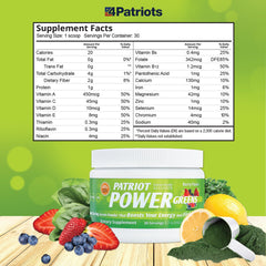 Vitamin and mineral blends on Patriot Power Greens label underline comprehensive nutrient support.