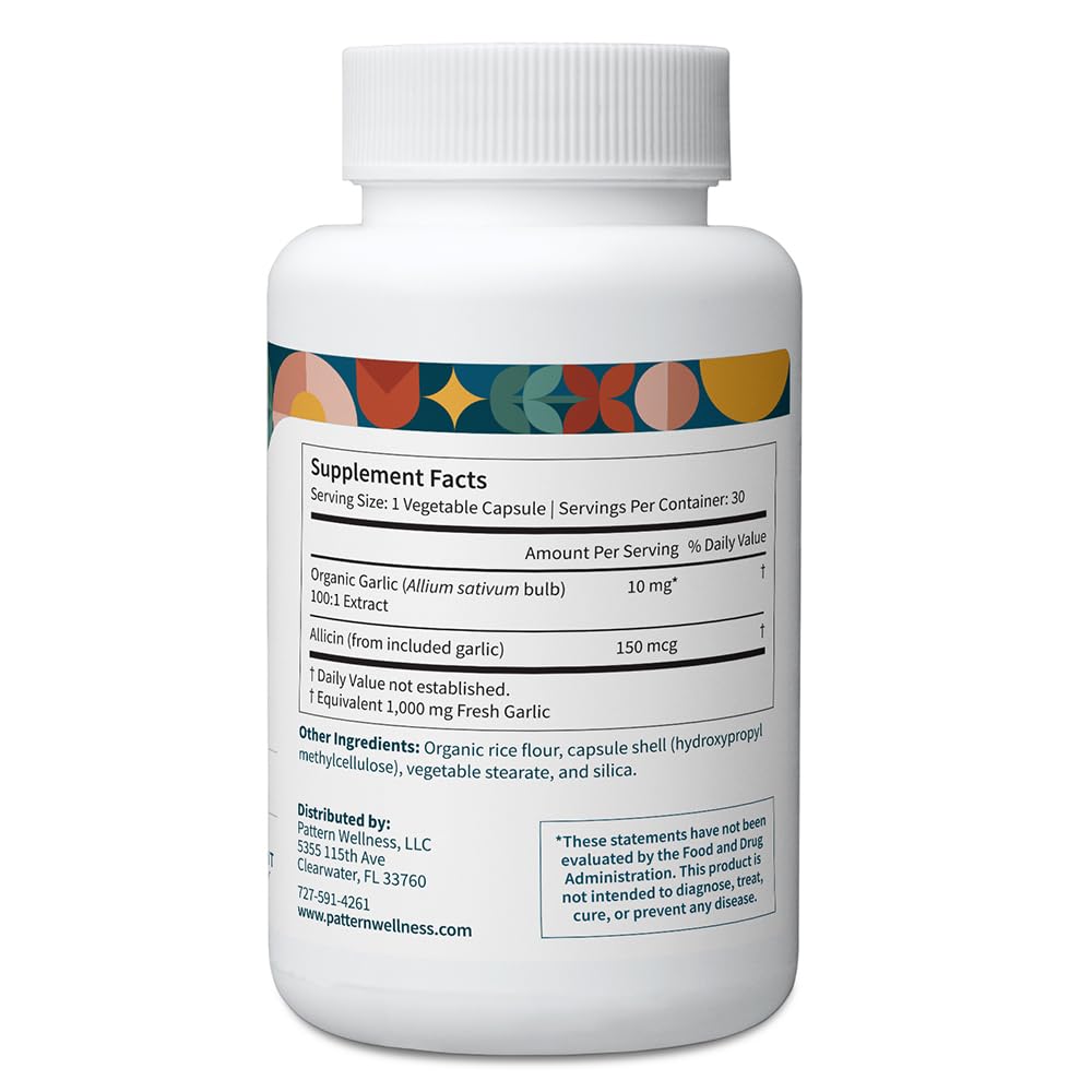 Pattern Wellness 1000mg organic garlic extract image suggests potent daily wellness potential.