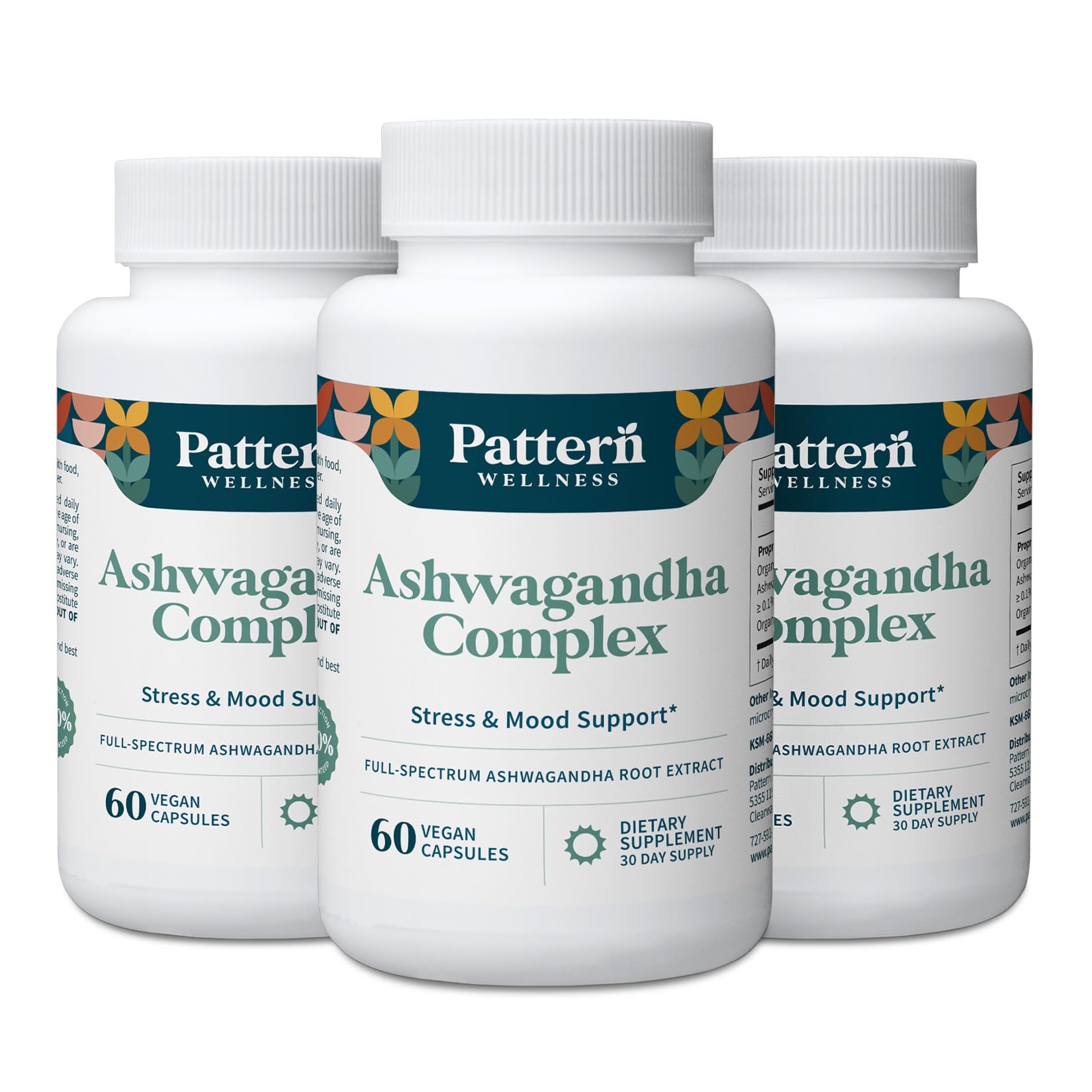 Pattern Wellness Ashwagandha Complex bottle-front highlighting stress balance.