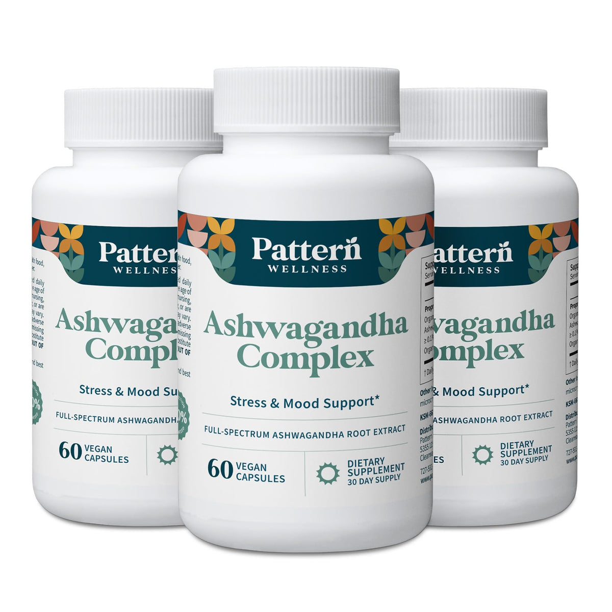 Pattern Wellness Ashwagandha Complex bottle-front highlighting stress balance.