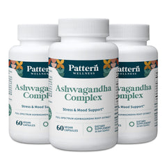 Pattern Wellness Ashwagandha Complex bottle-front highlighting stress balance.