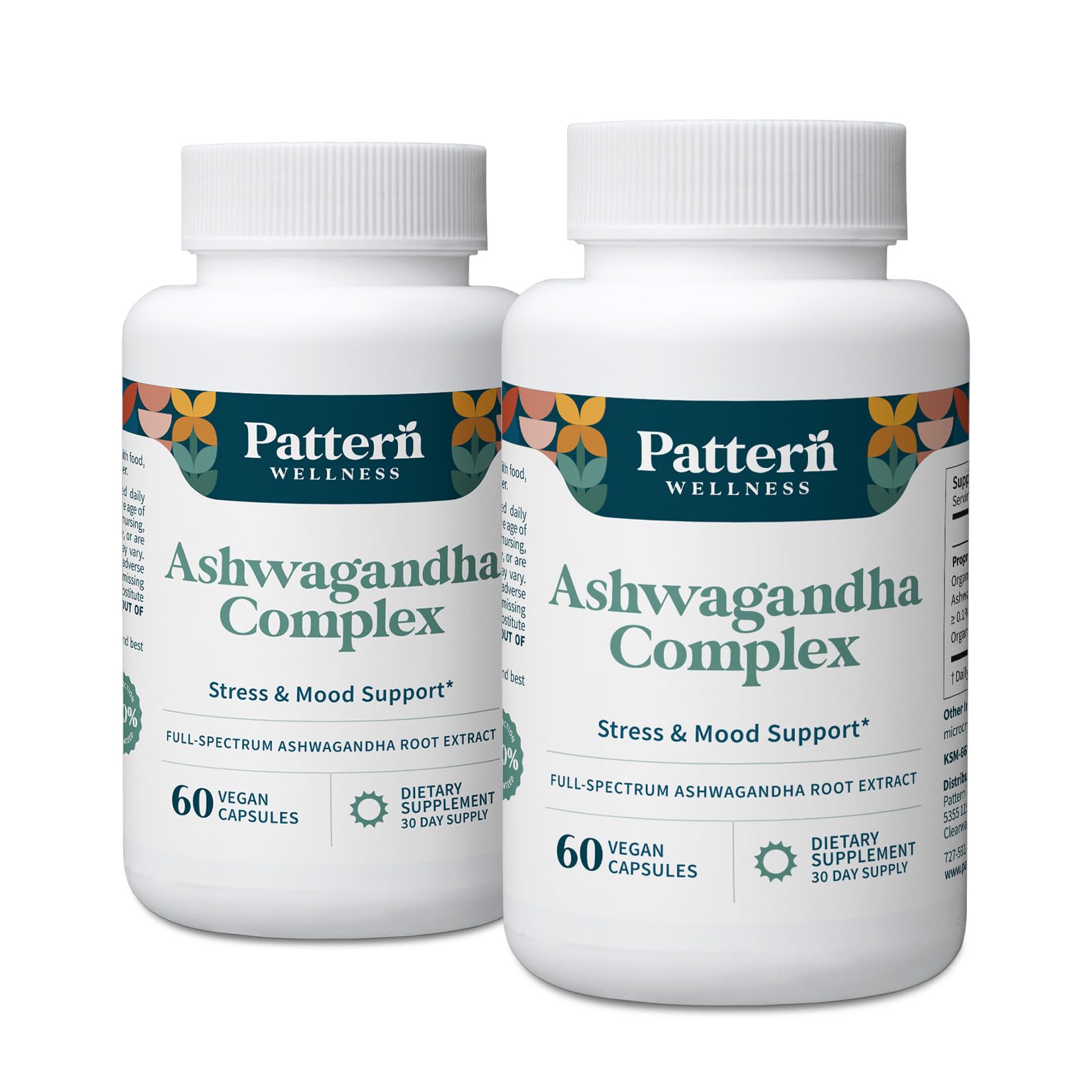 Pattern Wellness Ashwagandha Complex bottle shown for daily stress support and balance.