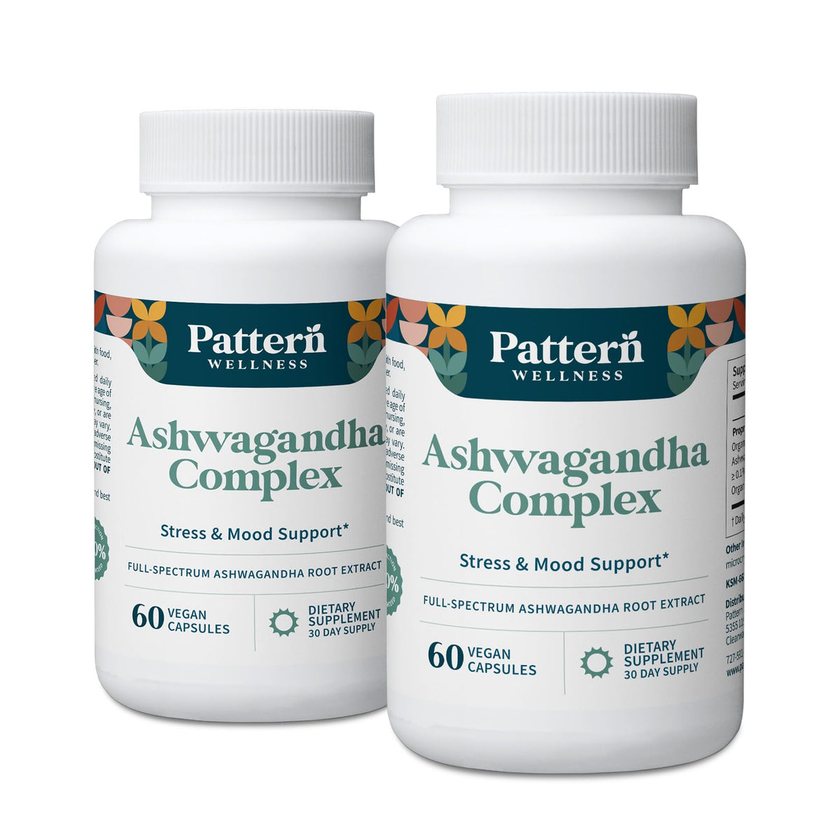 Pattern Wellness Ashwagandha Complex bottle shown for daily stress support and balance.