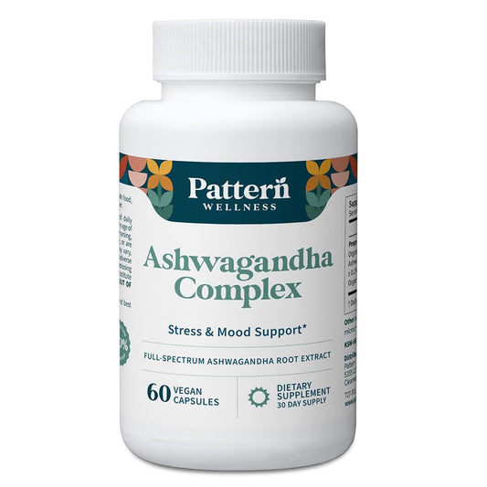 Pattern Wellness Ashwagandha Complex bottle supports daily balance and calm energy.