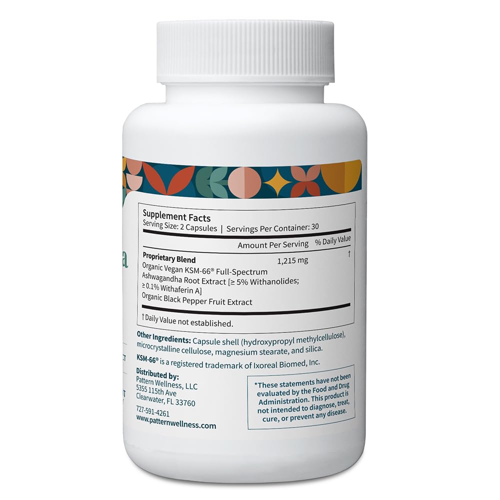 Pattern Wellness Ashwagandha Complex bottle pour highlights easy daily dosing.