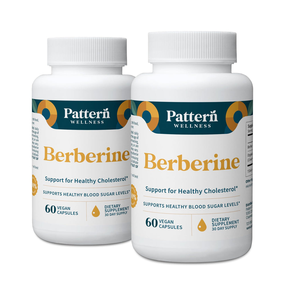 Pattern Wellness Berberine bottle closeup, easy daily capsules for metabolic balance.