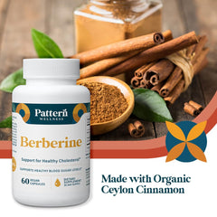 Pattern Wellness Berberine capsules closeup, gluten-free and dairy-free lifestyle support.