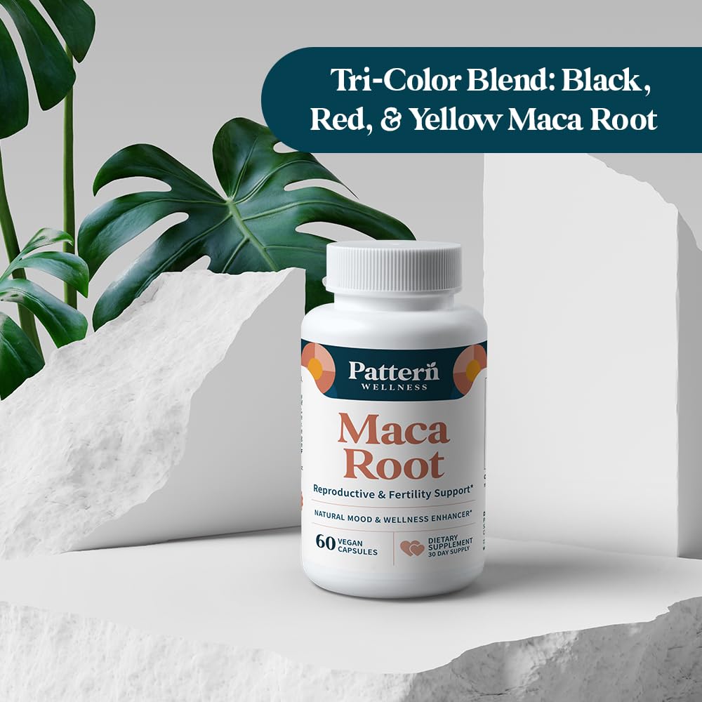 Pattern Wellness black red yellow maca components visually represented.