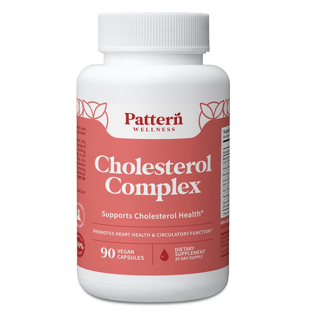Pattern Wellness Cholesterol Complex bottle front with vegan capsules may support daily balance.