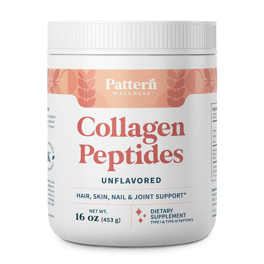 Pattern Wellness collagen peptides bottle shows Type I and III blend for beauty and mobility benefits.
