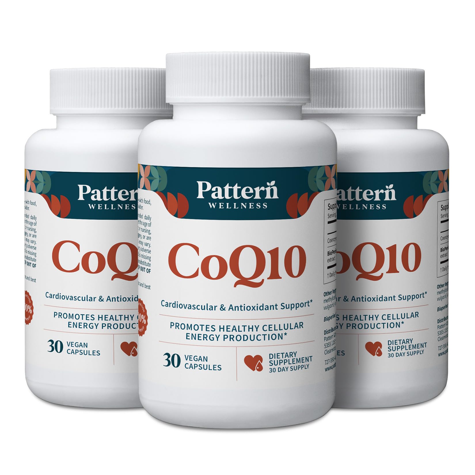 Pattern Wellness CoQ10 bottle closeup with vegan capsules for energy support.