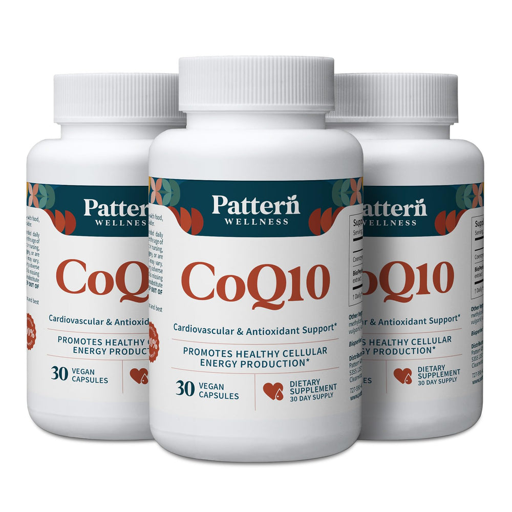Pattern Wellness CoQ10 bottle closeup with vegan capsules for energy support.