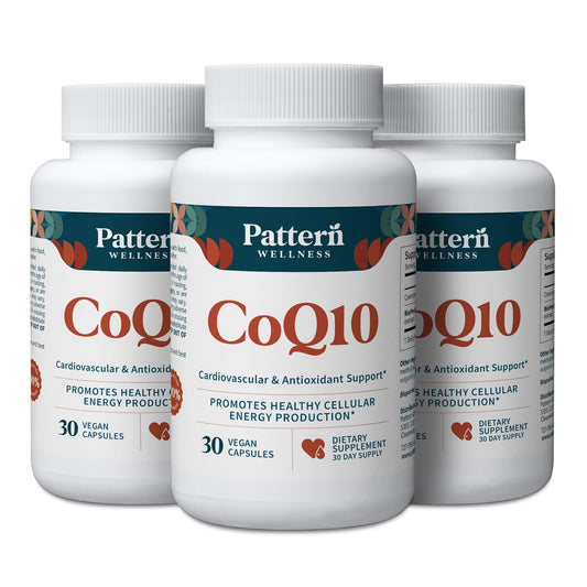 Pattern Wellness CoQ10 bottle closeup with vegan capsules for energy support.
