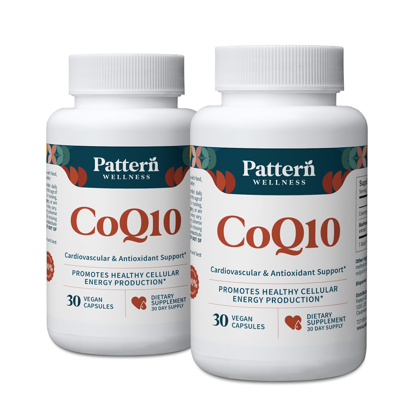Pattern Wellness CoQ10 bottle front view showing 60 vegan capsules for daily vitality