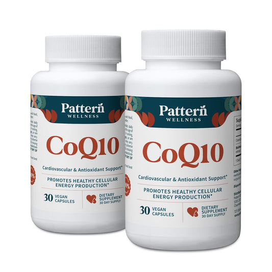 Pattern Wellness CoQ10 bottle front view showing 60 vegan capsules for daily vitality