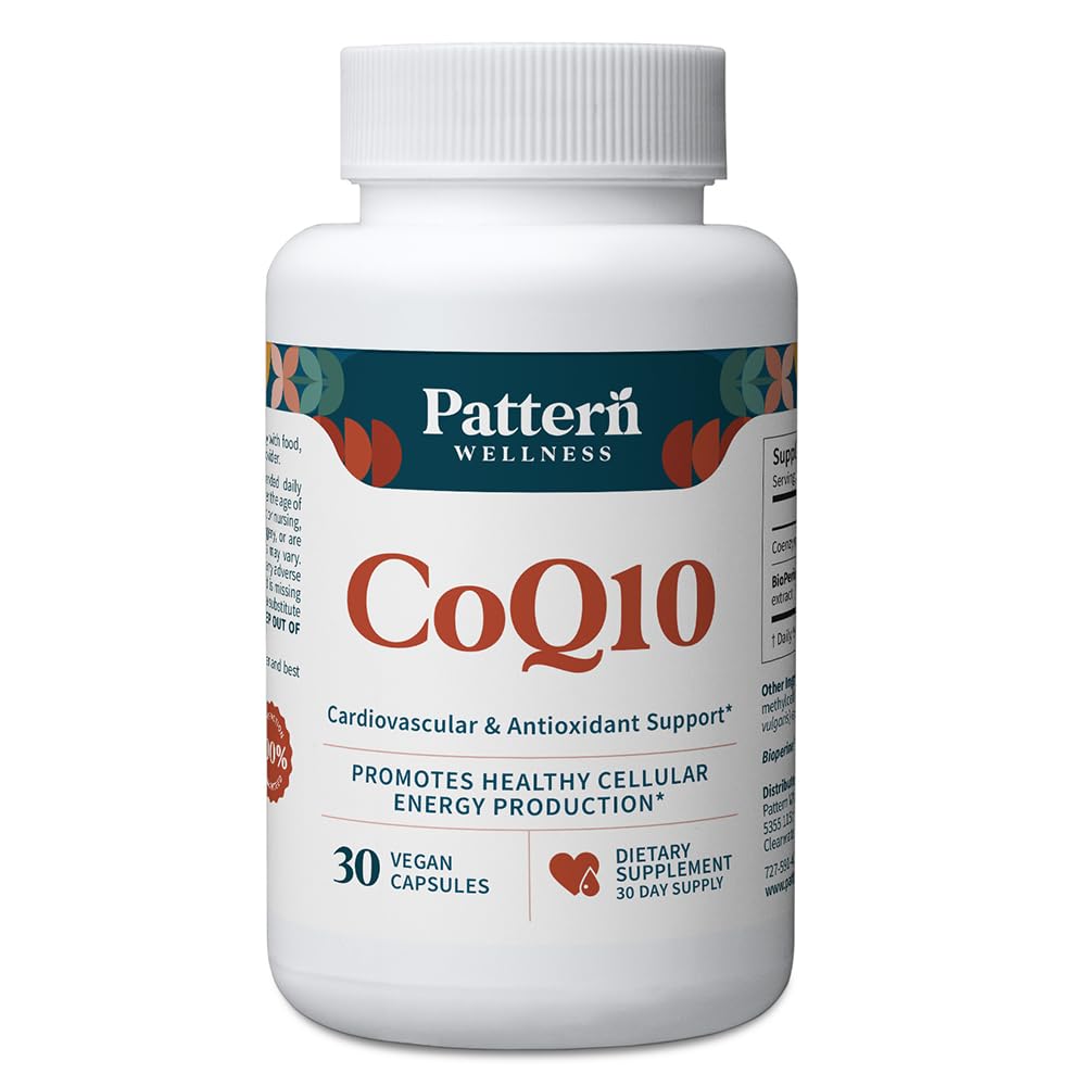 Pattern Wellness CoQ10 bottle front with vegan capsules for daily energy support.