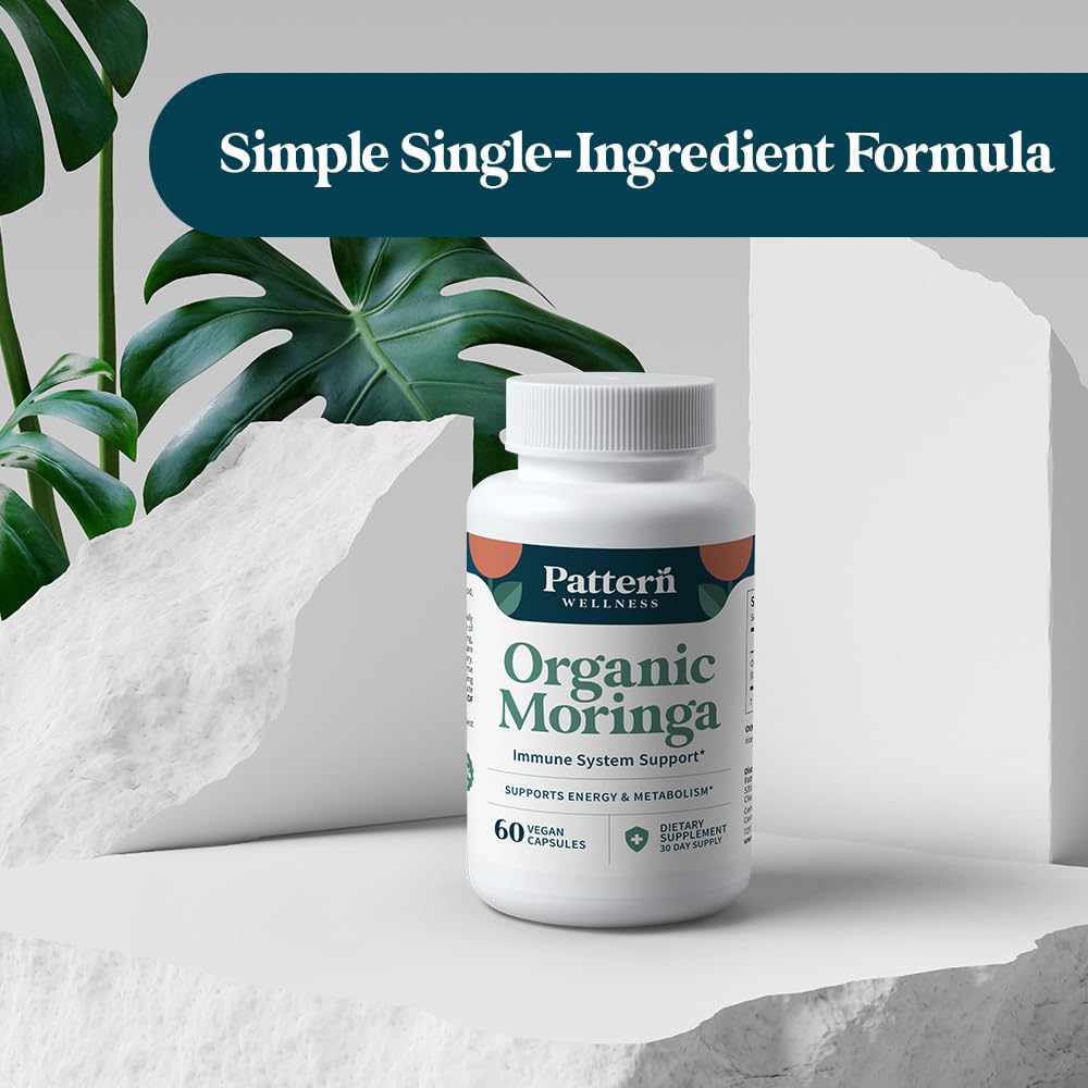 Pattern Wellness energy metabolism concept with moringa capsules for daily lift.