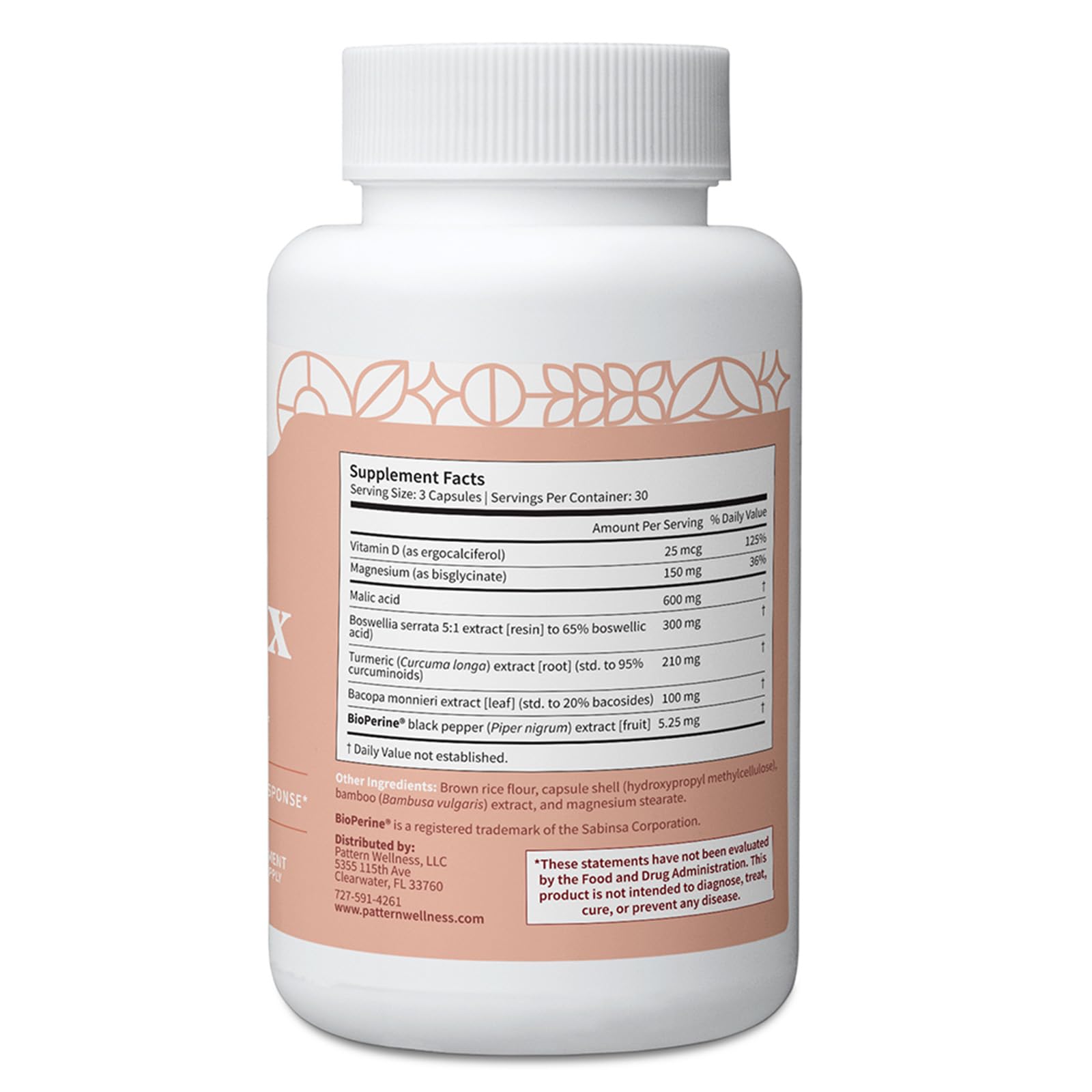 Pattern Wellness Fibro Complex label highlights vegan, gluten-free benefits