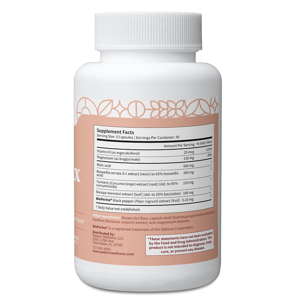 Pattern Wellness Fibro Complex label highlights vegan, gluten-free benefits