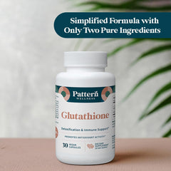 Pattern Wellness Glutathione packaging display conveys compact 30-capsule bottle for on-the-go use.