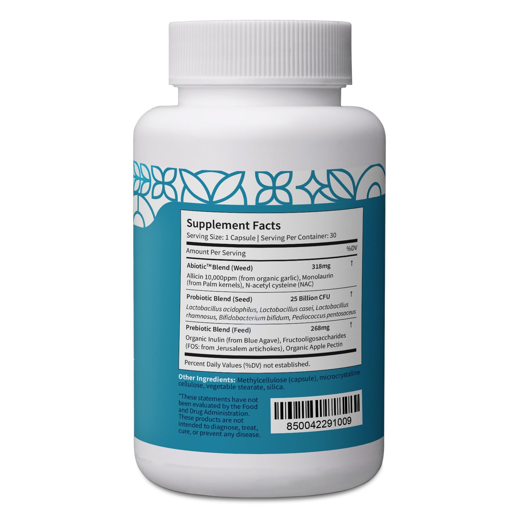 Pattern Wellness Gut Support bottle back shows label with non-GMO and vegan certification.